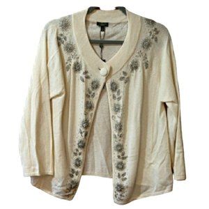 Talbots White Starburst  Beaded Silver Snowflake Cardigan 1 Button Sweater Wool